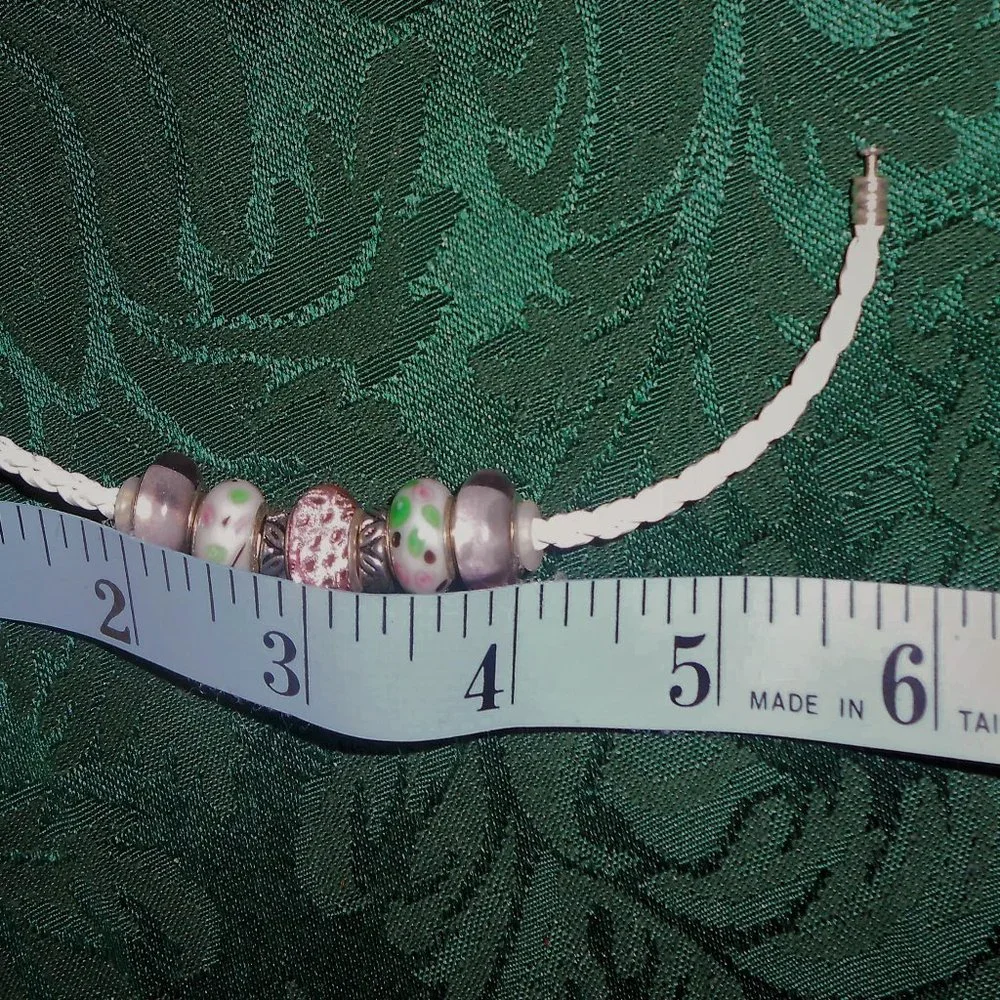 Pink, White & Mint Green Glass Big-hole Beads Braided Leatherette Bracelet - Picture 7 of 13